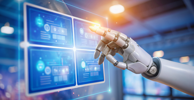 로봇팔로 디바이스 화면을 터치하는 이미지